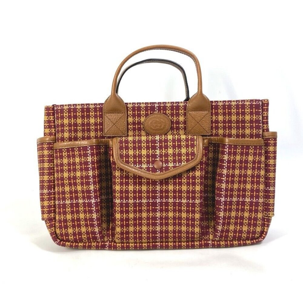 GUCCI 628159 check Chilled license Tote Bag Hand Bag Brown/Bordeaux Based